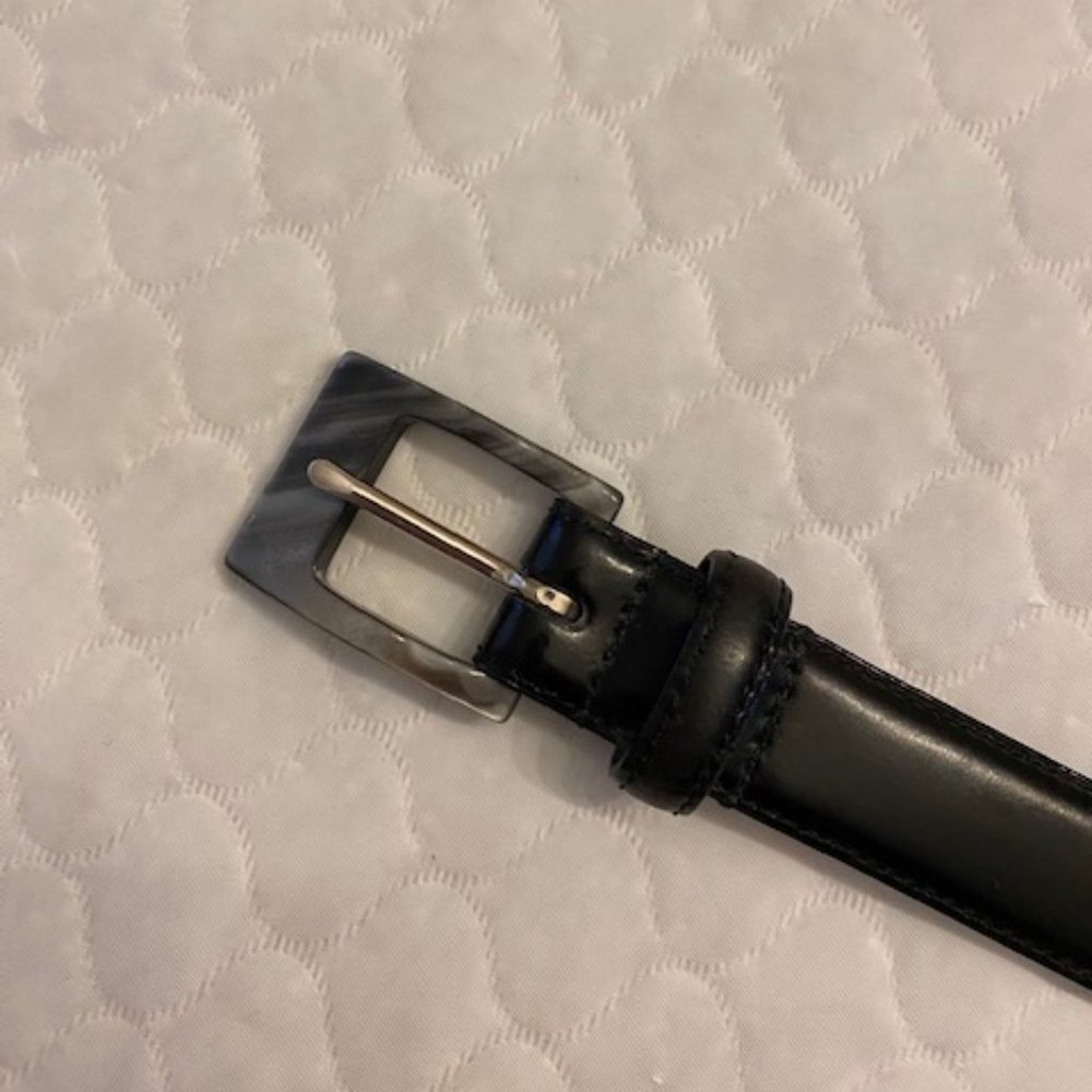 Black Leather Belt with Grey Buckle, Size L